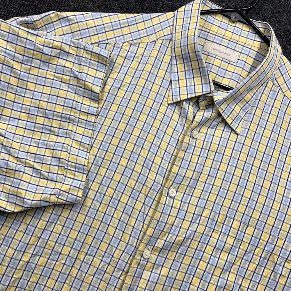 Ermenegildo Zegna Mens Short Sleeve Button Down Shirt Plaid Yellow Blue Italy